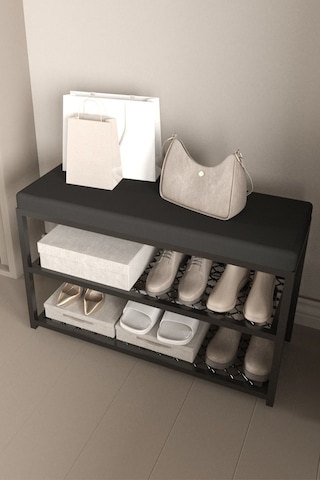 Aju Ayakkabılık Puflu Süngerli Oturaklı Metal Ayakkabı Rafı Modern Vestiyer Baklavalı Metal Tasarım