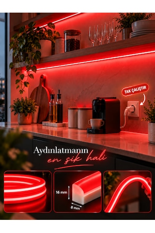 Borsan 2 Metre Kırmızı Neon Led 220v Tak Çalıştır Ip65 Esnek Hortum Led Ultra Parlak Iç Dış Mekan Dekoratif Aydınlatma Montaj Aparatı Dahil