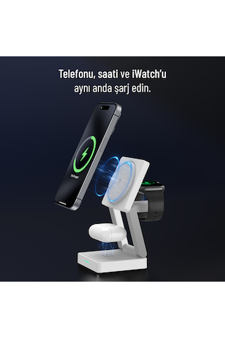 Woyax Wireless Qı2 Kablosuz Şarj Standı Katlanabilir Apple Uyumlu iPhone-iwatch-AirPods Uyumlu 15w Hızlı Telefon Kulaklık Saat 3in1 Beyaz
