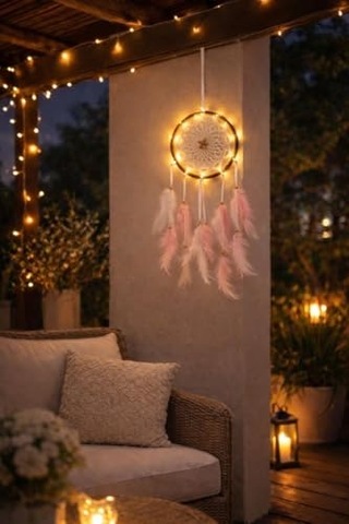 Led Işıklı Düş Kapanı Duvar Süsü Pembe Beyaz Tüylü Makrome Rüya Kapanı Bohem Yatak Odası & Teras De Diğer