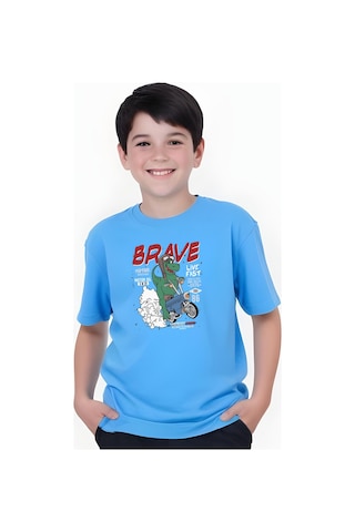 Panios Kids Brave Baskılı Erkek Çocuk Kısa Kollu Tişört Mavi