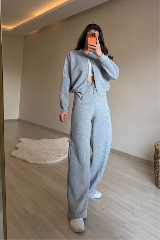 Neşeli Butik Kadın Fermuarlı Oversize Sweat Ve Yüksek Bel Eşofman Takımı Nm018 Gri Melanj