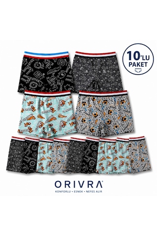 Orivra 10'lu Erkek Çocuk Boxer Seti Pamuklu Esnek Desenli İç Çamaşırı Paketi Çok Renkli