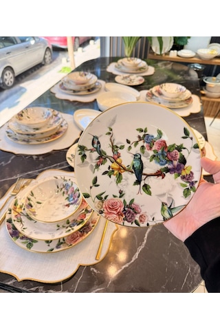 24 Parça 6 Kişilik Modern Flore Bird Yemek Takımı-5694 Çok Renkli