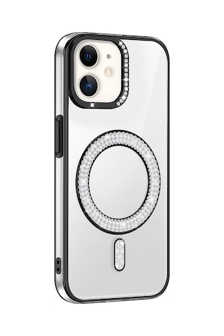 Apple Uyumlu iPhone 11 Kılıf Pırlanta Taş Tasarımlı M-safe Şarj Özellikli Karetta Silikon Kılıf Siyah