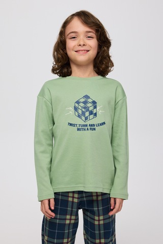 Panço Erkek Çocuk Ekose Desenli Yeşil Pijama Takımı