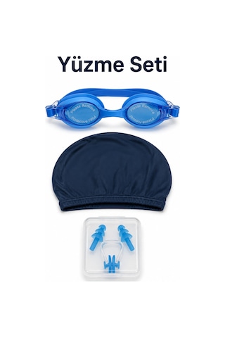 Yüzme Seti Mavi Gözlük Bone Kulak Tıkacı Burun Klipsi 4 Parça