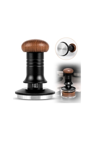 Monyee Kahve Tamperi 51mm, Ceviz Ahşap Kolu, 30lb Sabit Güç Yaylı, Dikey Dengeleyici, Derinlik Ayarlanabilir, 304 Paslanmaz Çelik Taban