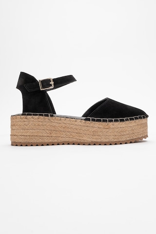 Luvishoes Viba Siyah Süet Hakiki Deri Kadın Hasır Dolgu Taban Sandalet Siyah