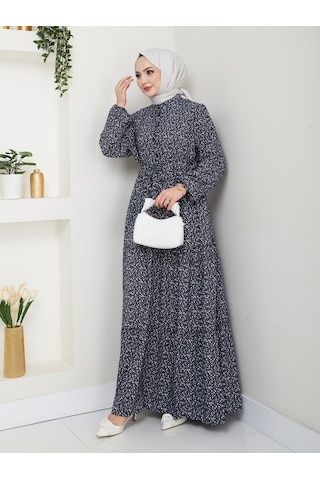 Düğme Detaylı Çiçekli Viskon Elbise - Lacivert / E0123 Lacivert