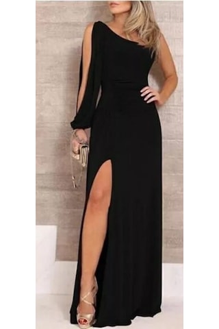 Tek Omuz Açık Derin Yırtmaçlı Krep Tam Boy Elbise Bediva 001