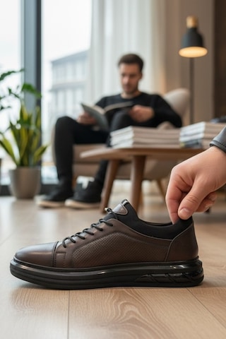 Enoch Hakiki Deri Lazer Kesim Lastikli Günlük Erkek Sneaker Comfort Taban Kahverengi