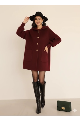 Kadın Oversize Bol Kesim Diz Üstü Siyah Kaban Büyük Cepli Yünlü Kumaş Kapüşon Detaylı Bordo