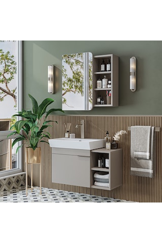 Likya Tek Kapaklı Lavabolu 82 Cm Banyo Alt Dolabı + Üst Dolabı, Lavabolu Mdflam Banyo Dolabı Takımı Kumtaşı