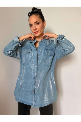 Ali Butik Mavi Renk Gümüş Varaklı Denim Oversize Gömlek Mavi