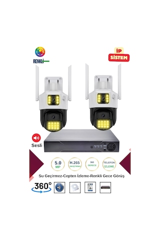İrtech-2 Kameralı 360 Derece Sesli İp Güvenlik Kamera Seti Renkli Gece Görüş-su Geçirmez Gk01