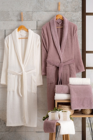 Oznhome Krem-pudra Çift Kişilik 6 Parça Bornoz Seti Krem - Pudra