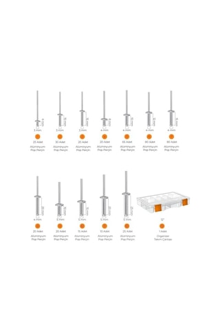 Hobi-4 Alüminyum Pop Perçin Seti 411 Parça 13 Çeşit Organizer Takım Çantalı
