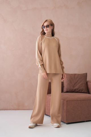 Kadın Dik Yaka Kazak Pantolon İkili Triko Takım Açık Camel