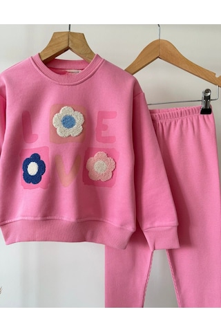 Magu Kız Çocuk Çiçek Aplikeli Pembe Sweatshirt Ve Tayt Takımı
