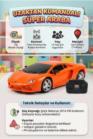 Uzaktan Kumandalı Süper Araba 1:18 Ölçekli 4 Fonksiyonlu Radyo Kontrol Sistemli Oyuncak Araba Turuncu