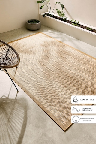 Ocean Home Textile Leke Tutmaz İç Dış Mekan Bej Renk Balıksırtı Halı Kilim 160 X 230 Cm
