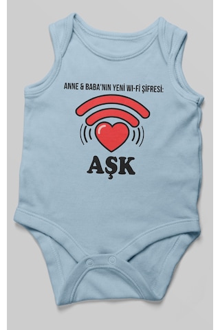Anne Babanın Yeni Wifi Şifresi Aşk Baskılı Bebek Zıbını Çıtçıtlı Body 8 Renk %100 Pamuk Sıfır Kol Bebe Mavisi