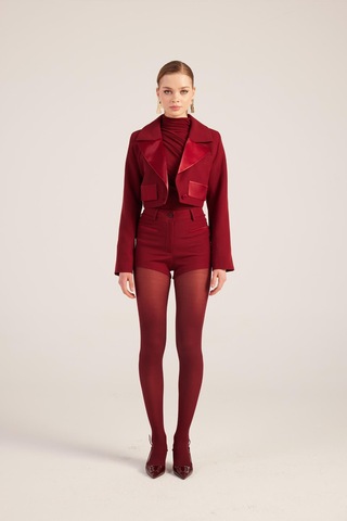 Holly Lolly Yakası Saten Detaylı Camila Crop Blazer Ceket Bordo