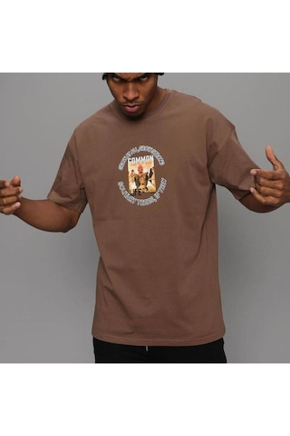 Flood Of Style Erkek Kahverengi Common Baskılı Oversize Bisiklet Yaka Tshirt