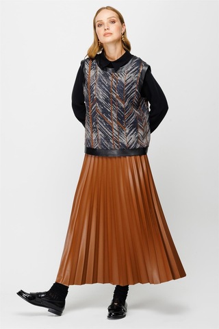 Pilisoley Deri Etekli Tunik Süeter Üçlü Takım Taba