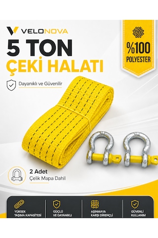 5 Ton Çekme Halatı 3 Metre 5 Cm 2 Adet Omega Kilitli Çelik Mapa Ce Belgeli %100 Polyester Araç Kurtarma Halatı Sarı