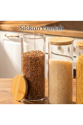 Porsima 3-3 Bambu Vakumlu Kapaklı Yuvarlak Borosilikat Cam 9lu Kavanoz Seti Saklama Kabı 1650ml 10x25cm Şeffaf