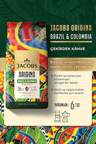 Jacobs Origins Brazil & Colombia + Uganda & Kenya Çekirdek Kahve 1 Kg 2'li Paket Çekirdek Kahve