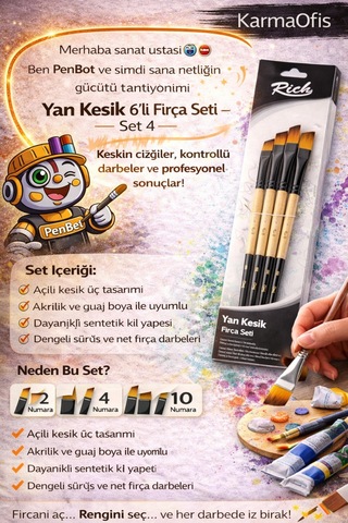 6 Lı Yan Kesik Fırça Seti Set 4 Açılı Uçlu Akrilik Boya Fırçası, Guaj&hobi Uyumlu Profesyonel Set