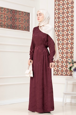 Sevitli Beli Bağlamalı Jakar Abiye Elbise-bordo-5721