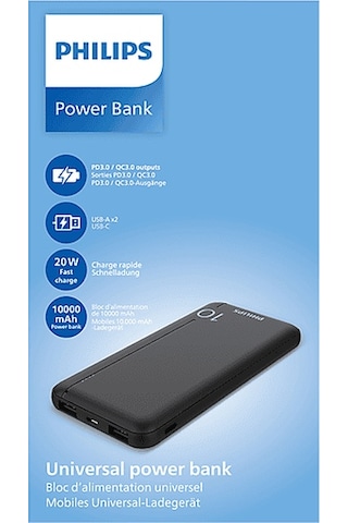 Philips DLP1812PB 10.000 mAh 2 x USB-A 2.1A USB-C Çıkış PD Taşınabilir Şarj Cihazı Siyah