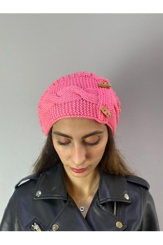 Gönülden Tasarım El Örgüsü Çoban Düğmeli Kadın Bere Pembe