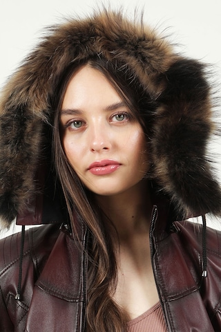 Dericlub Mistral Kadın Kapüşonlu Hakiki Deri Kaban Bordo Bordo