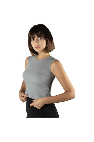 Terapi Men Gri Fitted/vücuda Oturan Crop Halter Yaka Fitilli Esnek Örme Bluz Atlet Gri