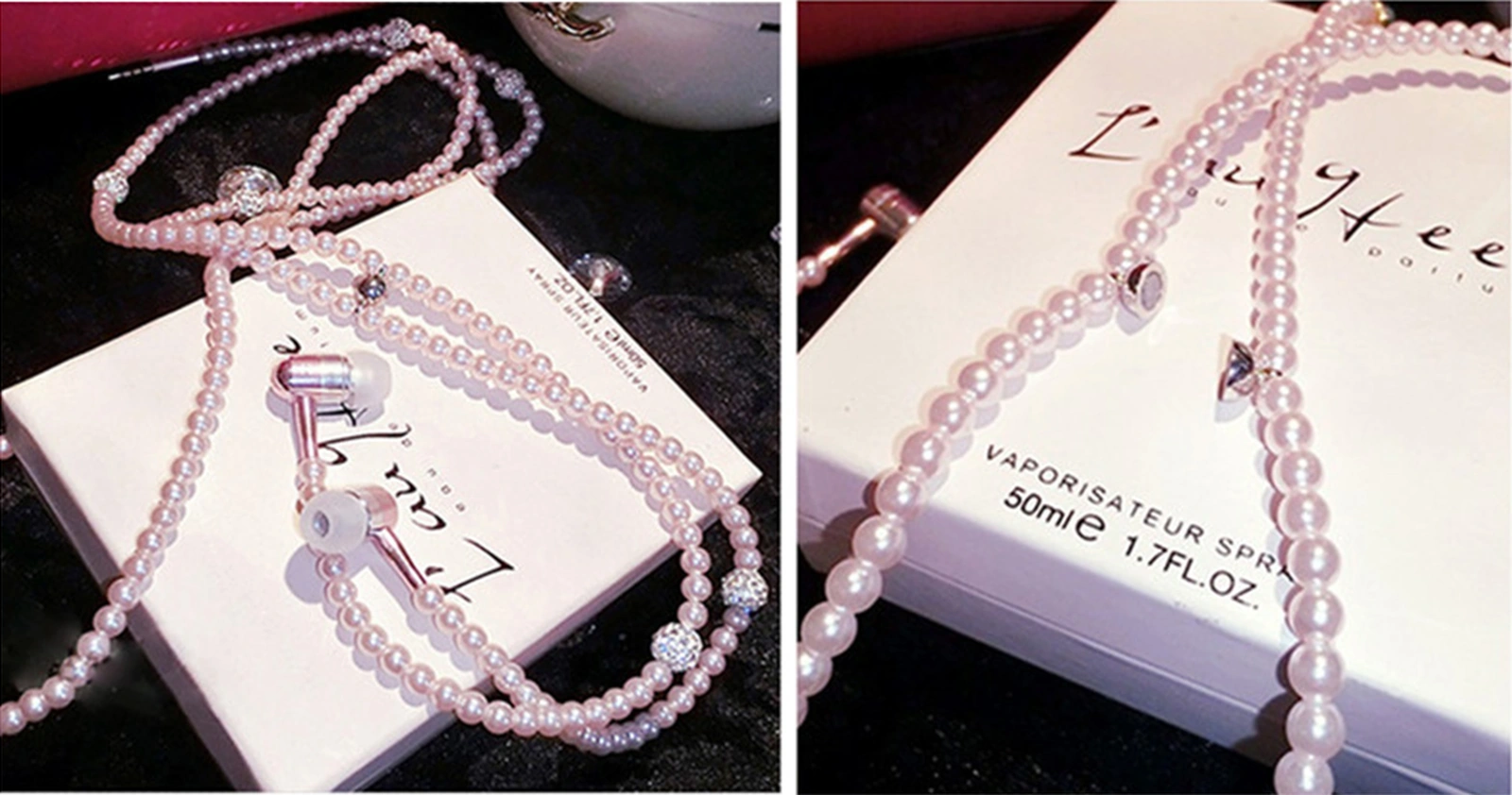 Moveevo Mikrofonlu 3.5mm Kablolu Müzik Kulaklığı, Yaratıcı İmitasyon İpek Gümüş İçerekli Kolye Stili Kulaklık Mavi Diğer