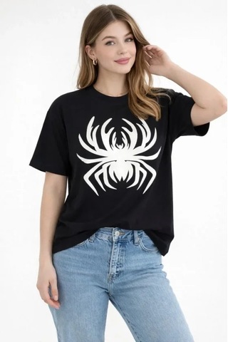 Hazego Örümcek Baskılı Tişört Kısa Kollu Bisiklet Yaka T-shirt - Siyah