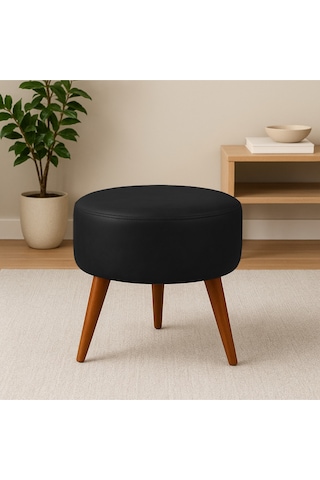 Siyah Deri Puf Demonte Ayaklı Modern Oturma Ve Dekoratif Sehpa Siyah