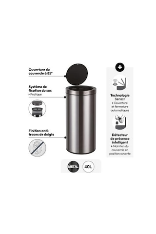 5five Simply Smart Delta Otomatik Sensörlü 40lt. Çöp Kutusu Siyah Siyah