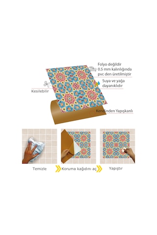 Tink Kendinden Yapışkanlı Renkli Selçuklu Desenli Pvc Karo 30x30 Cm