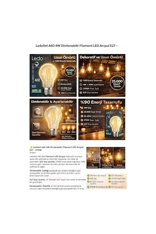 Ledolet 4w Filamentli Led Ampul A60 E27 Dim Vintange Rustik Lamba Sarı Işık 2700k