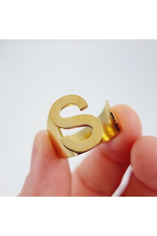 Çelik Gold Düz Kesim Harf Yüzük -s Harfi- Ayarlı Ölçü-1906