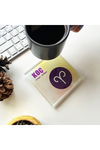 Decorita Cam Bardak Altlığı Burçlar - Koç Burcu 4'lü Takım 10 x 10 CM Çok Renkli