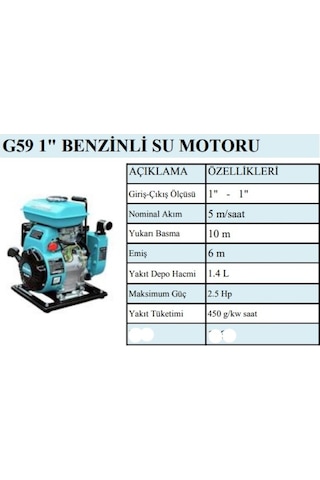 Algaride Akmag59 1 İnç Benzinli Su Motoru 2.5 Hp Su Pompası 5 M³/saat Bahçe Tarım Sulama