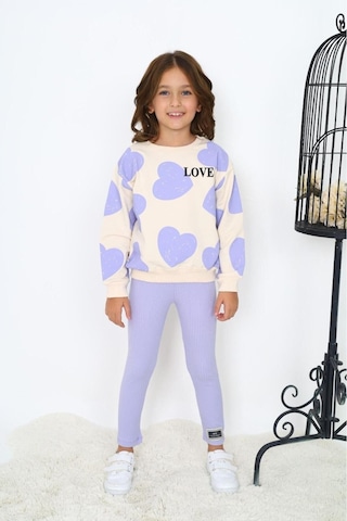 Kalp Baskılı Kız Çocuk Alt Üst Takım Gri - Pudra