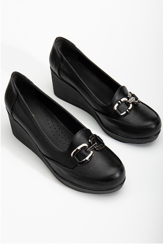 Kadın Dolgu Topuklu Ayakkabı Siyah Yüzlü Tokalı-3674 Siyah